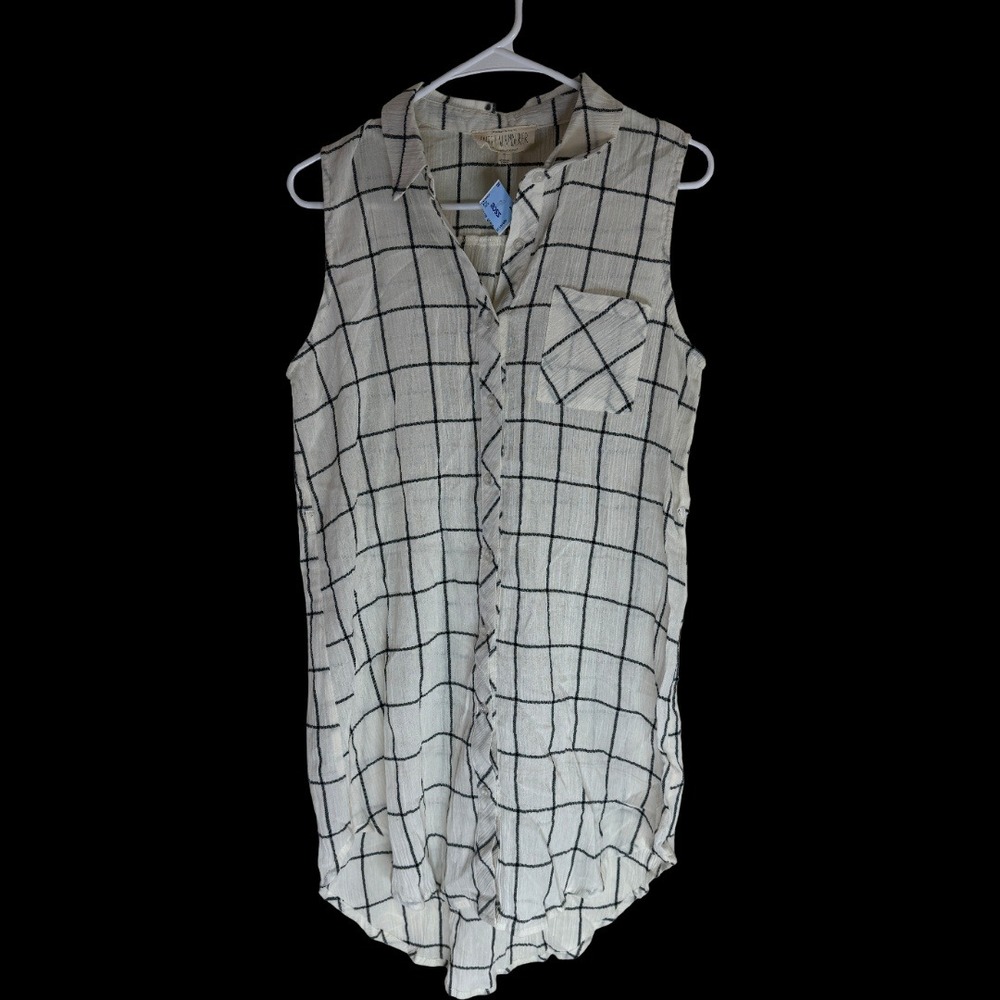 Sweet Wanderer Tunic Shirt Womens Medium White Black Grid Plaid Sleeveless Boho